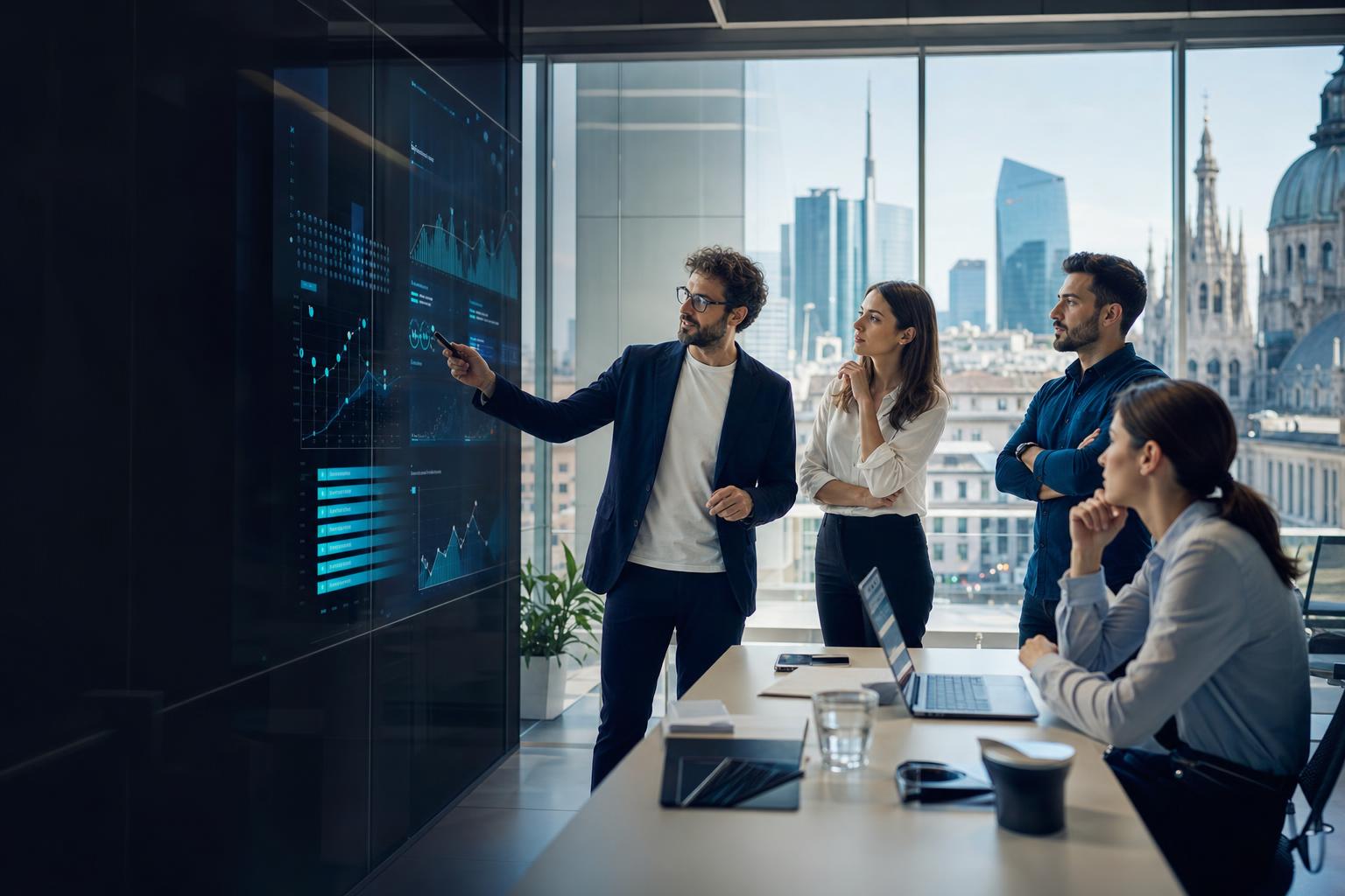 Team aziendale che usa una piattaforma AI per creare software e gestire applicazioni